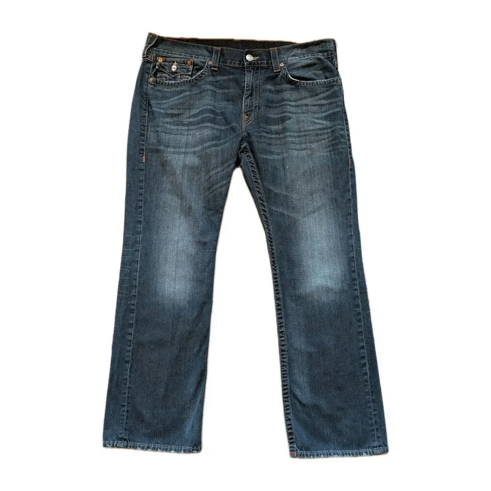 True Religion Men's Blue Jeans Size 40 (41x32) Straight Leg Cut Wide Cuff Denim